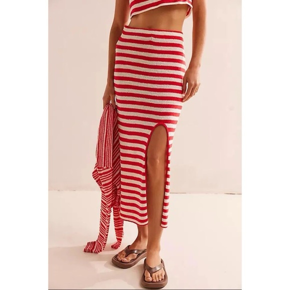 NWT Free People Bailey 3 Piece Sweater Set Skirt Top Terry Red White Stripe - Picture 14 of 14